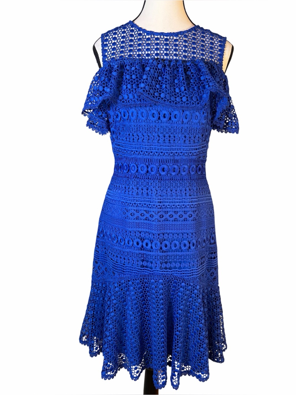 Karen Millen Royal Blue Cold Shoulder Crochet Lace Ruffle A-Line Mini Dress Sz 8